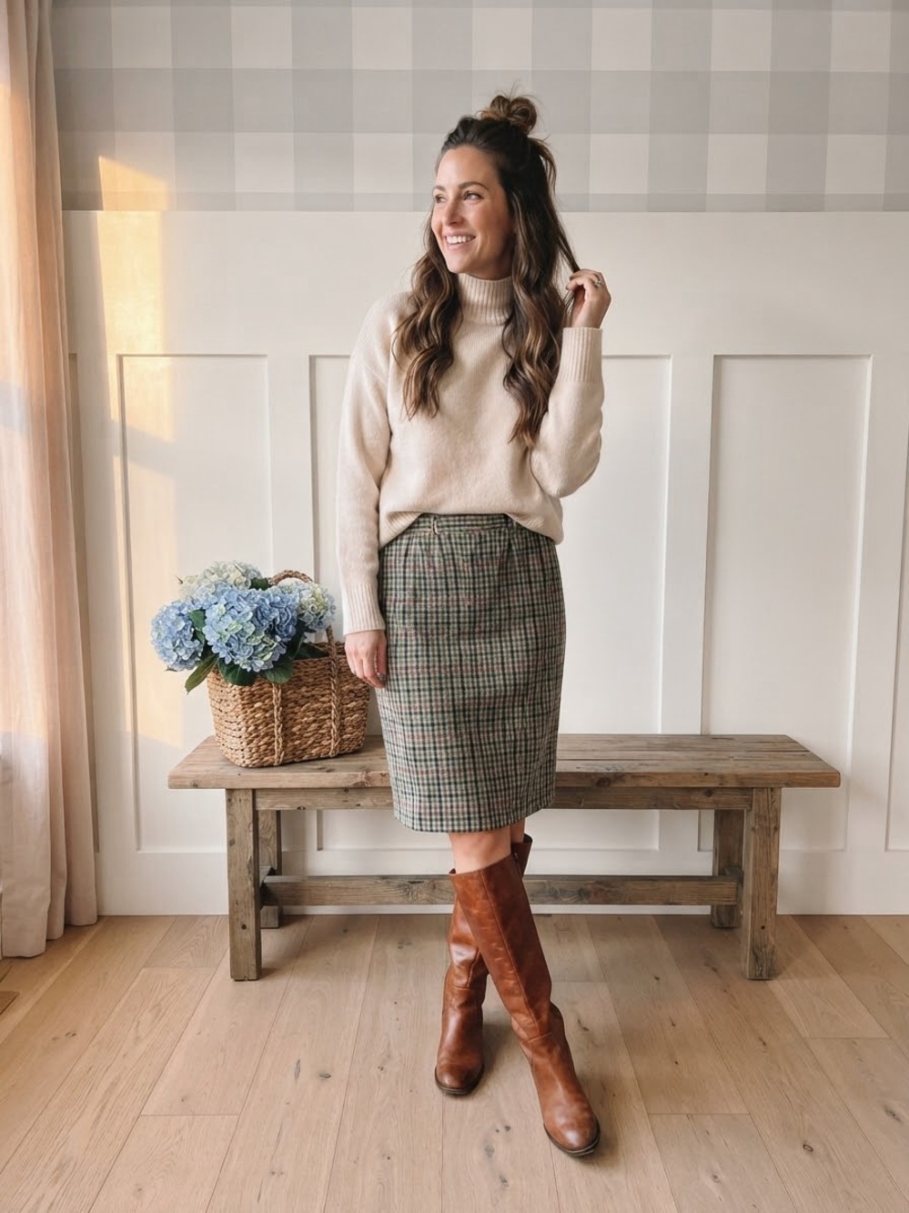 Vintage Wool Checked Midi Pencil Skirt in Green and Brown